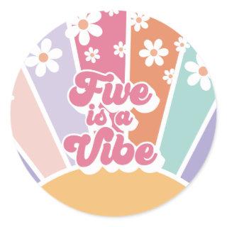 Five is a Vibe Retro Sunshine Rainbow Daisy Classic Round Sticker