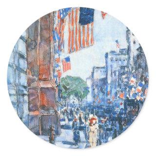 Flags Fifth Avenue by Childe Hassam, Vintage Art Classic Round Sticker