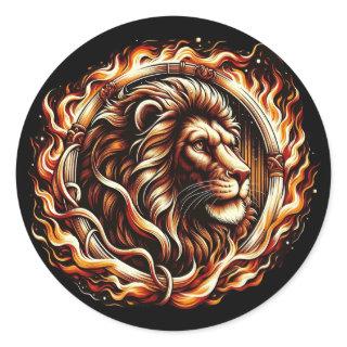 Flaming Lion in Ring of Fire Flames Astrology  Classic Round Sticker