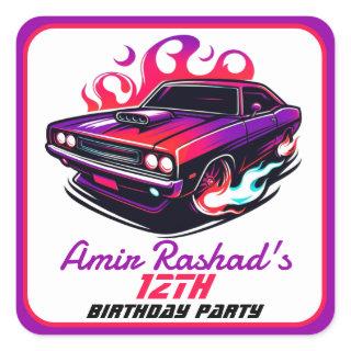 Flaming Muscle Car Purple & Red/Orange Candy Paint Square Sticker