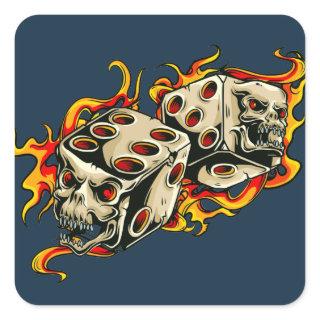 Flaming Skull Lucky Dice. Square Sticker