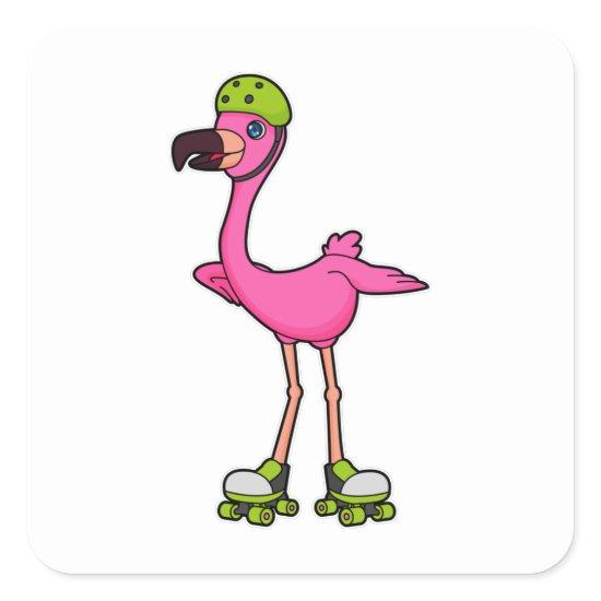 Flamingo as Skater with Roller skates & Helmet Square Sticker