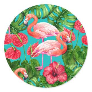 Flamingo birds and tropical garden watercolor classic round sticker