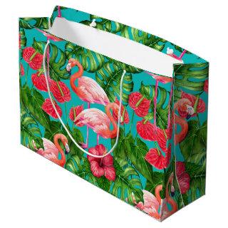 Flamingo birds and tropical garden watercolor large gift bag