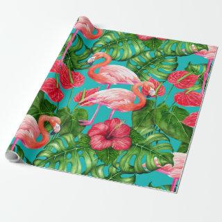 Flamingo birds and tropical garden watercolor
