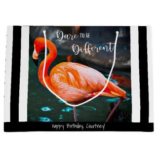 Flamingo Black White Stripes Modern Script Name Large Gift Bag