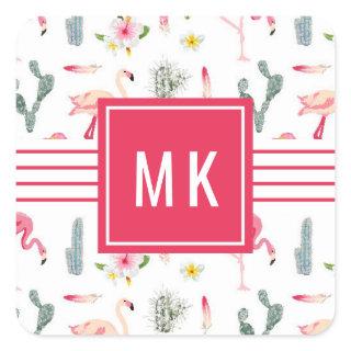 Flamingo Cactus Pineapple Hibiscus Pattern Square Sticker