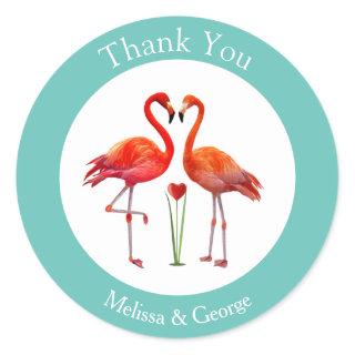 Flamingo Couple Thank You on Light Blue & White Classic Round Sticker