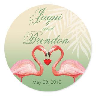 Flamingo Heart Kiss Wedding Favor | jade Classic Round Sticker