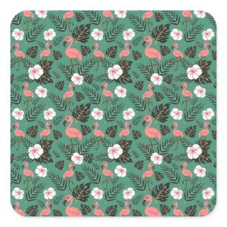 Flamingo seamless pattern pink on green background square sticker
