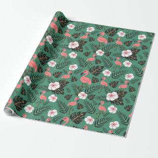 Flamingo seamless pattern pink on green background