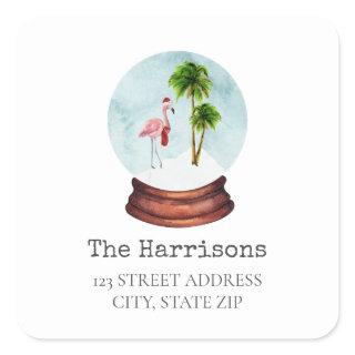 Flamingo Snow Globe Christmas Address Square Sticker