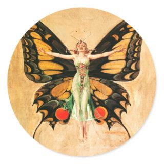 Flapper Butterfly Flying Woman Illustration Classic Round Sticker