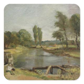 Flatford Lock, 1810-11 (oil on paper on canvas) Square Sticker