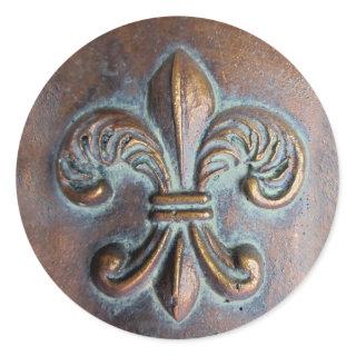 Fleur De Lis, Aged Copper-Look Printed Classic Round Sticker