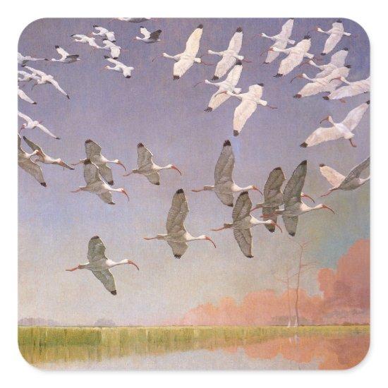 Flock of Ibis Flying Over Wetlands, Vintage Birds Square Sticker