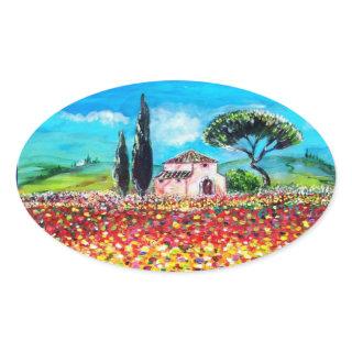 FLORA IN TUSCANY/ Fields ,Poppies and Sunflowers Oval Sticker