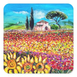 FLORA IN TUSCANY/ Fields ,Poppies and Sunflowers Square Sticker