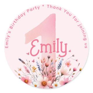 Floral 1 1st Birthday Thank You Favor ONE Custom Classic Round Sticker