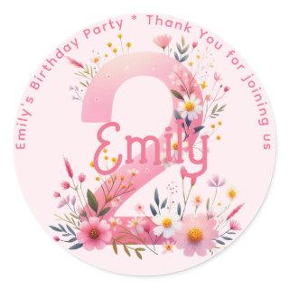 Floral 2nd Birthday Thank You Favor Two Custom Classic Round Sticker