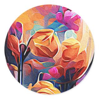 Floral Abstract Art Orange Red Blue Flowers Classic Round Sticker