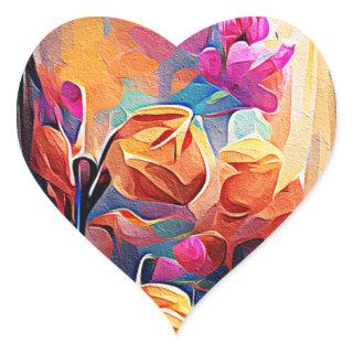 Floral Abstract Art Orange Red Blue Flowers Heart Sticker