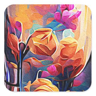 Floral Abstract Art Orange Red Blue Flowers Square Sticker