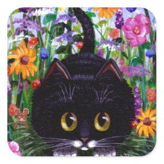 Floral Art Black Tuxedo Cat Flowers Creationarts Square Sticker