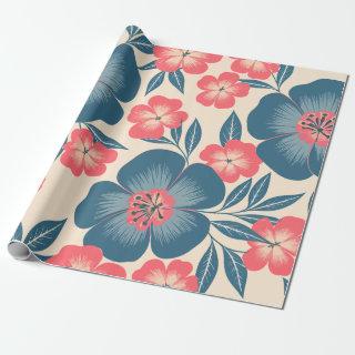 Floral Art with petrol Blue and Coral Flowers