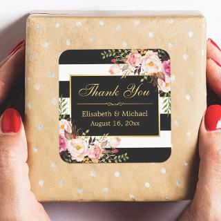 Floral Black White Striped Gold Frame Thank You Square Sticker