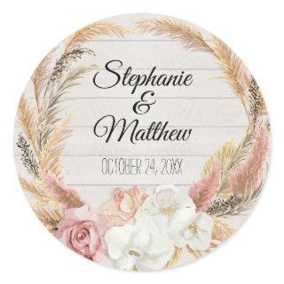 Floral Blush Boho Pampas Palm Rustic Wood Wedding Classic Round Sticker