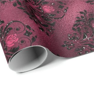 Floral Bridal Damask Black Roses Glitter Burgundy