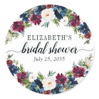 Floral Bridal Shower Navy Blue Burgundy Watercolor Classic Round Sticker
