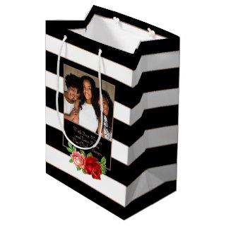 Floral Bronze Black & White Stripe - Custom Photo Medium Gift Bag