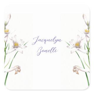 Floral Elegant Chic Cute Calligraphy Add Name Square Sticker