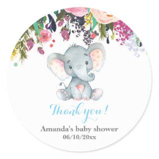 Floral Elephant Baby Shower Blue Thank You Favor Classic Round Sticker