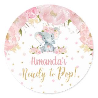 Floral Elephant Baby Shower Ready to Pop Classic Round Sticker