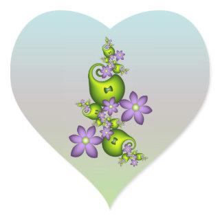 Floral Fantasy Lilac Flowers Green Shapes Fractal Heart Sticker