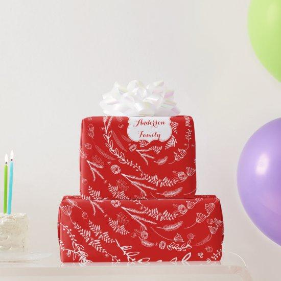 Floral Folk Art Antler Red Christmas Pattern