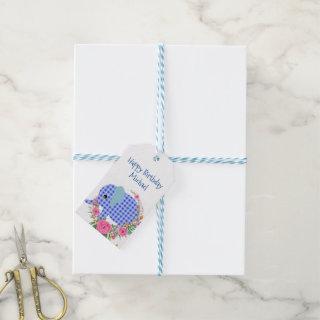 Floral Gift Tags Blue Elephant Happy Birthday