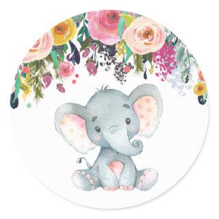 Floral Girl Elephant Baby Shower Pink and Gray Classic Round Sticker