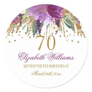 Floral Glitter Sparkling Amethyst 70th Birthday Classic Round Sticker