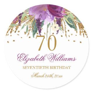 Floral Glitter Sparkling Amethyst 70th Birthday Classic Round Sticker