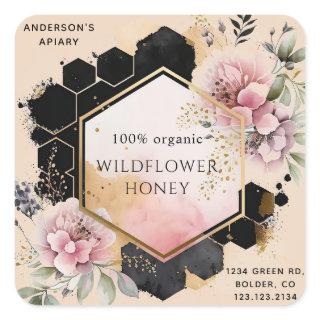 floral golden honey jar apiary square sticker