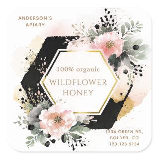floral golden honey jar apiary square sticker