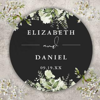 Floral Greenery Black And White Wedding Favor Classic Round Sticker