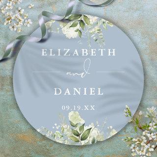 Floral Greenery Dusty Blue Wedding Favor Classic Round Sticker