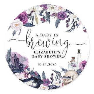Floral Halloween Skull Baby is Brewing Shower Classic Round Sticker