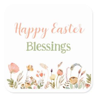 Floral Happy Easter Blessing Classy Custom Text  Square Sticker