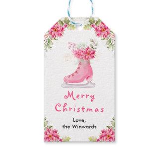 Floral Ice Skate Pink Merry Christmas Gift Tags